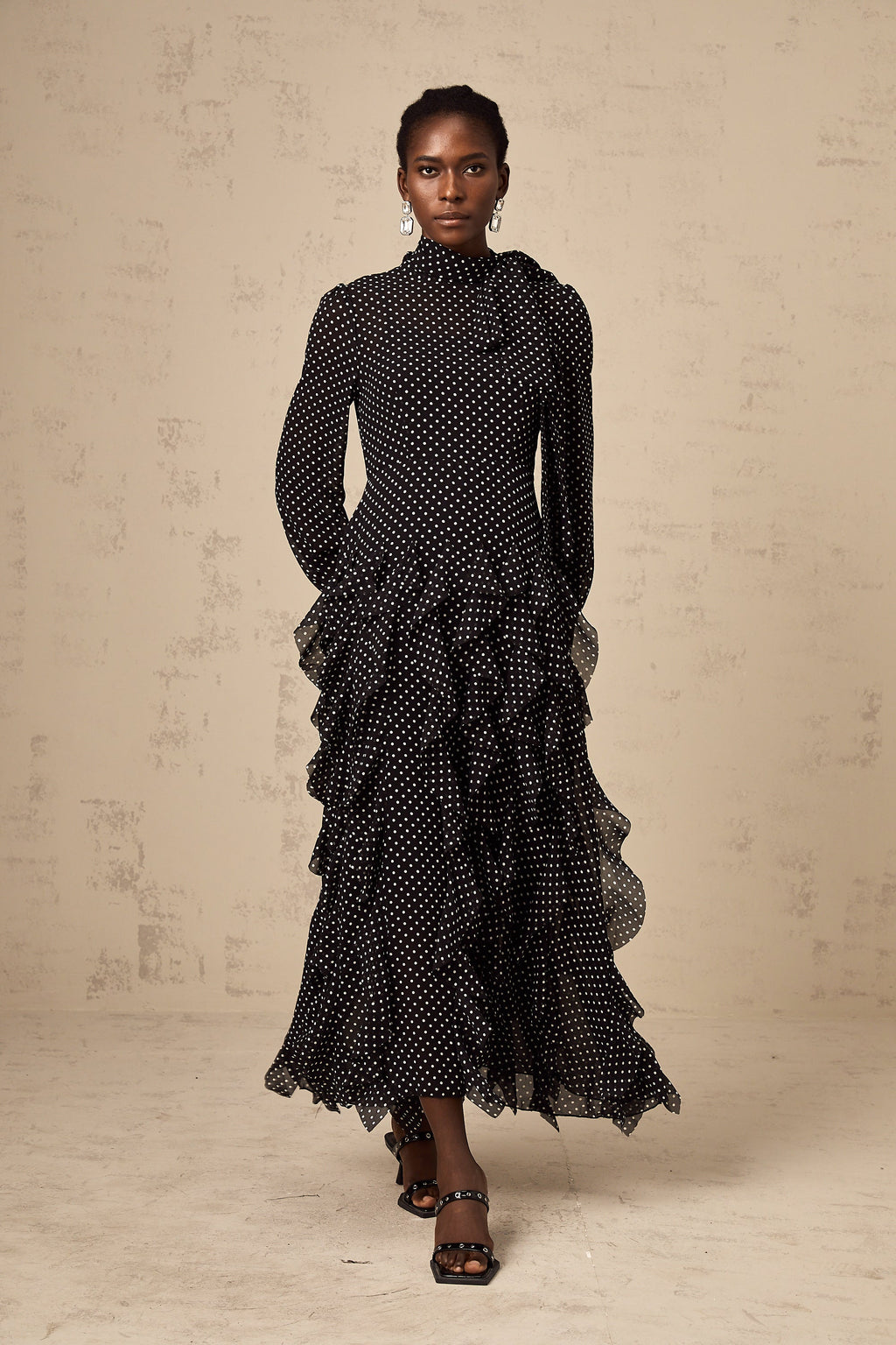 Coraline black polka-dot ruffled midi dress