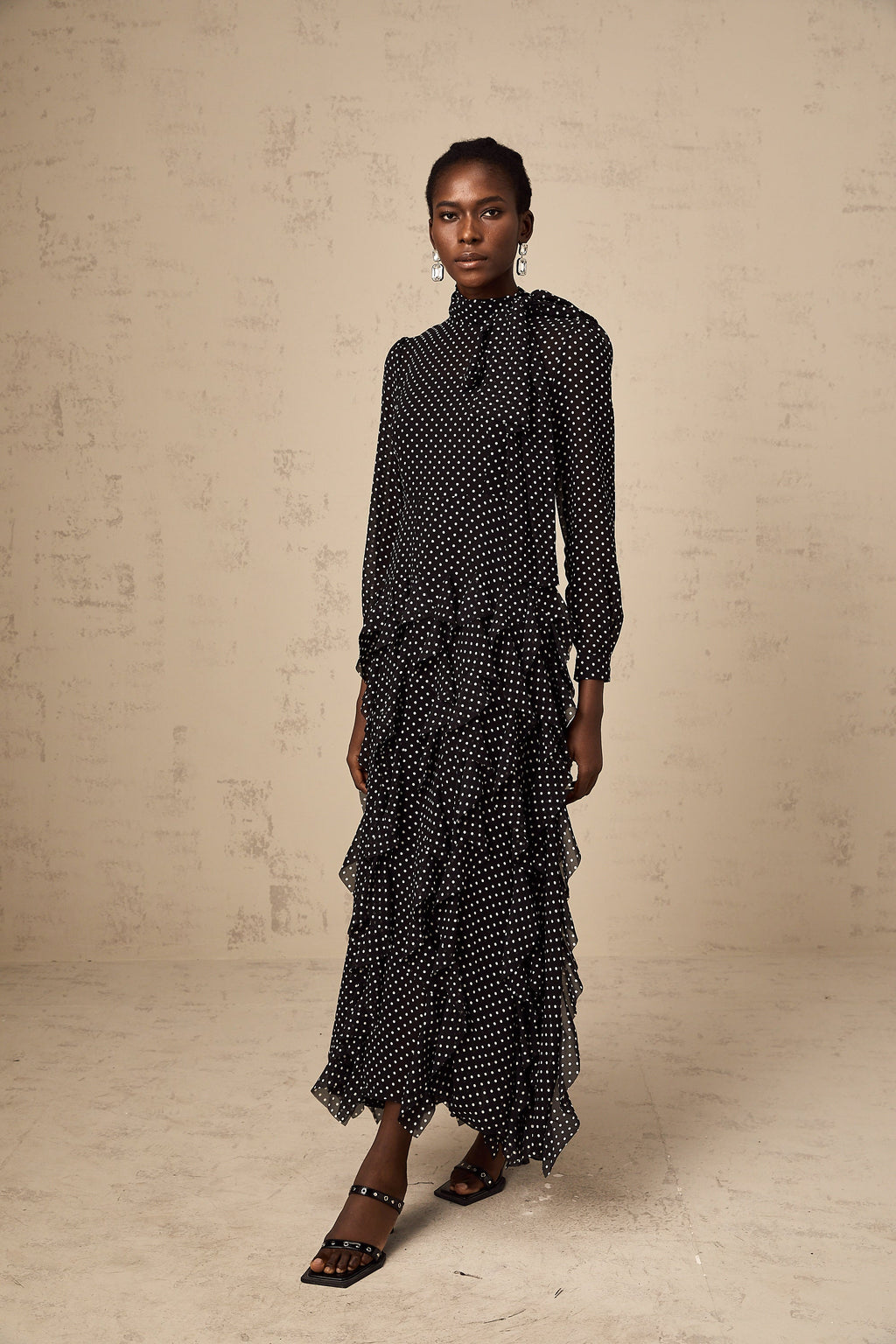 Coraline black polka-dot ruffled midi dress