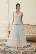 Margareta Blue Tweed Waistcoat & Tulle Skirt Set