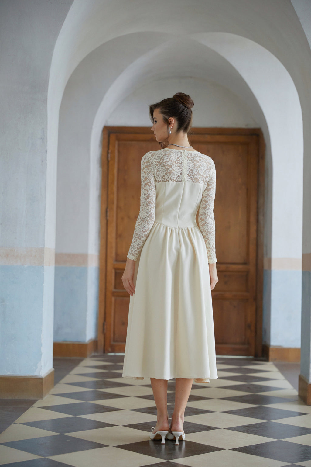 Dilla Neutral Lace Shirred Panel Midi Dress
