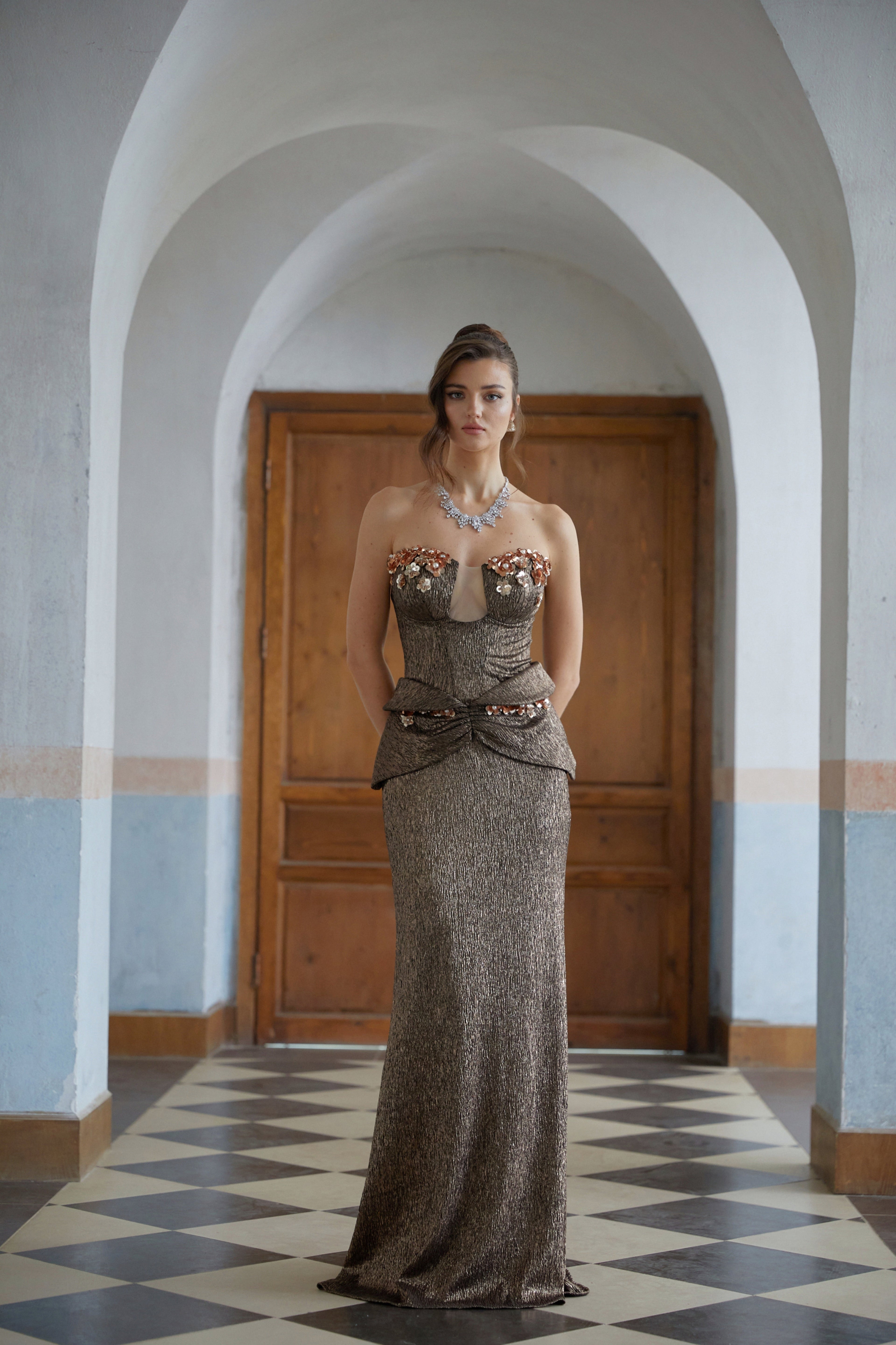 Laïs Brown Floral Ruched Textured Maxi Dress