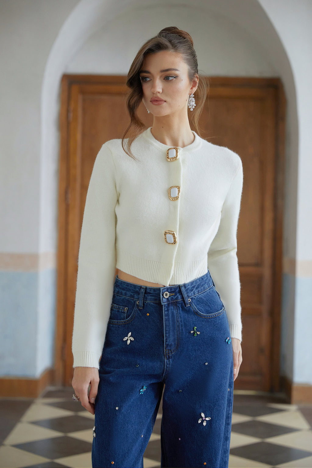 Liliana White Cropped Knit Cardigan