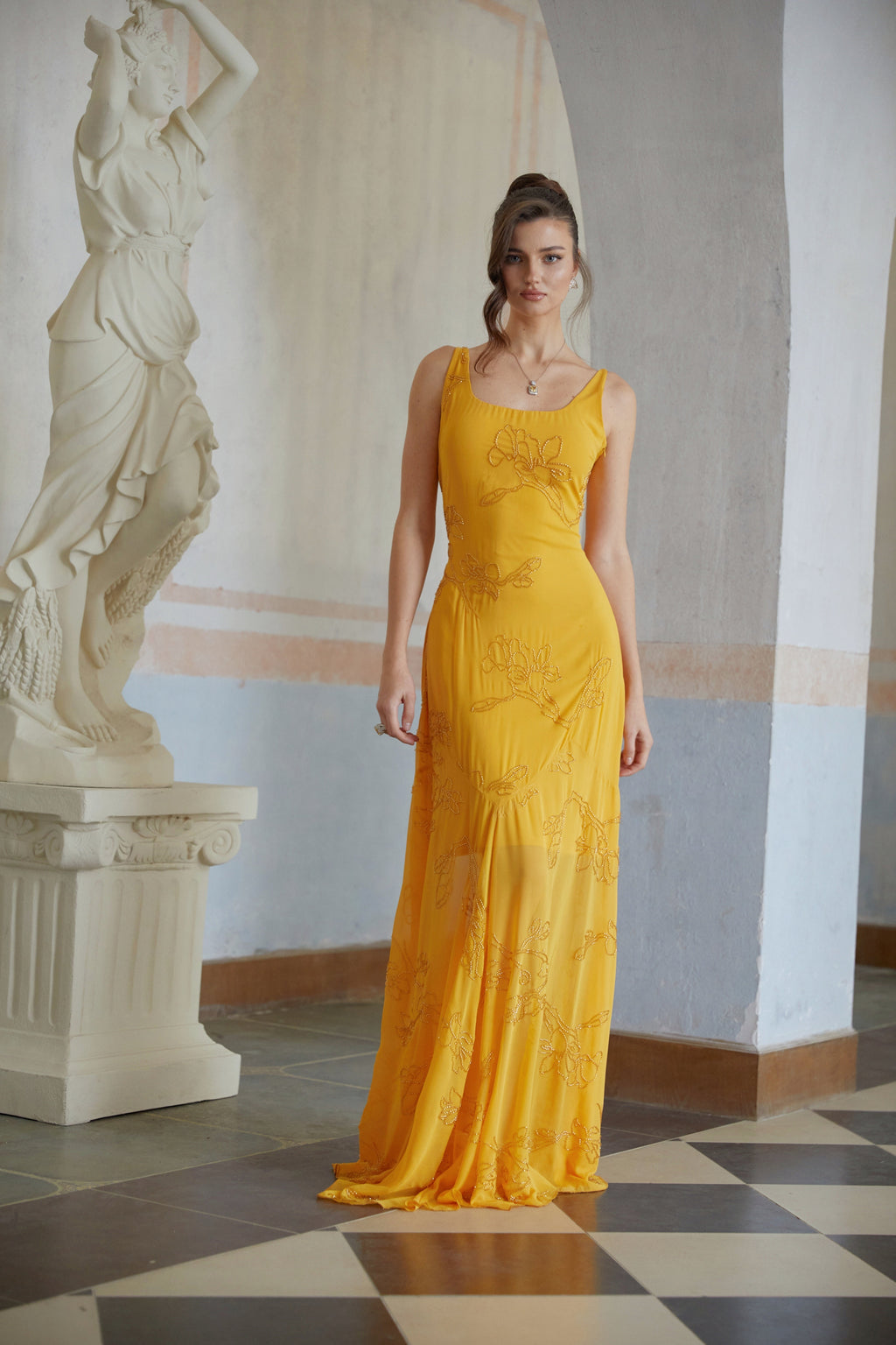 Ellie Yellow Rhinestone Floral Jacquard Maxi Dress