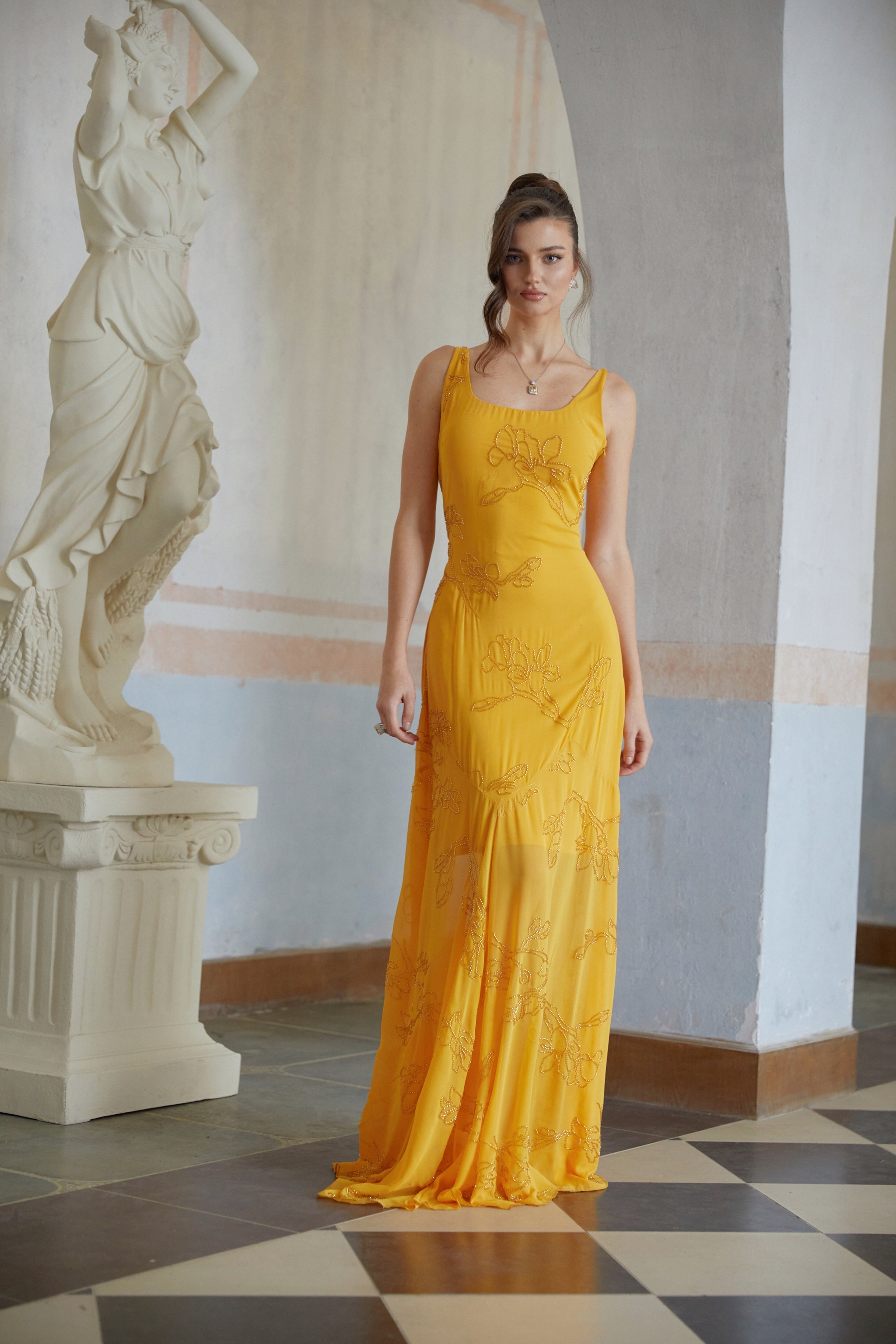 Ellie Yellow Rhinestone Floral Jacquard Maxi Dress