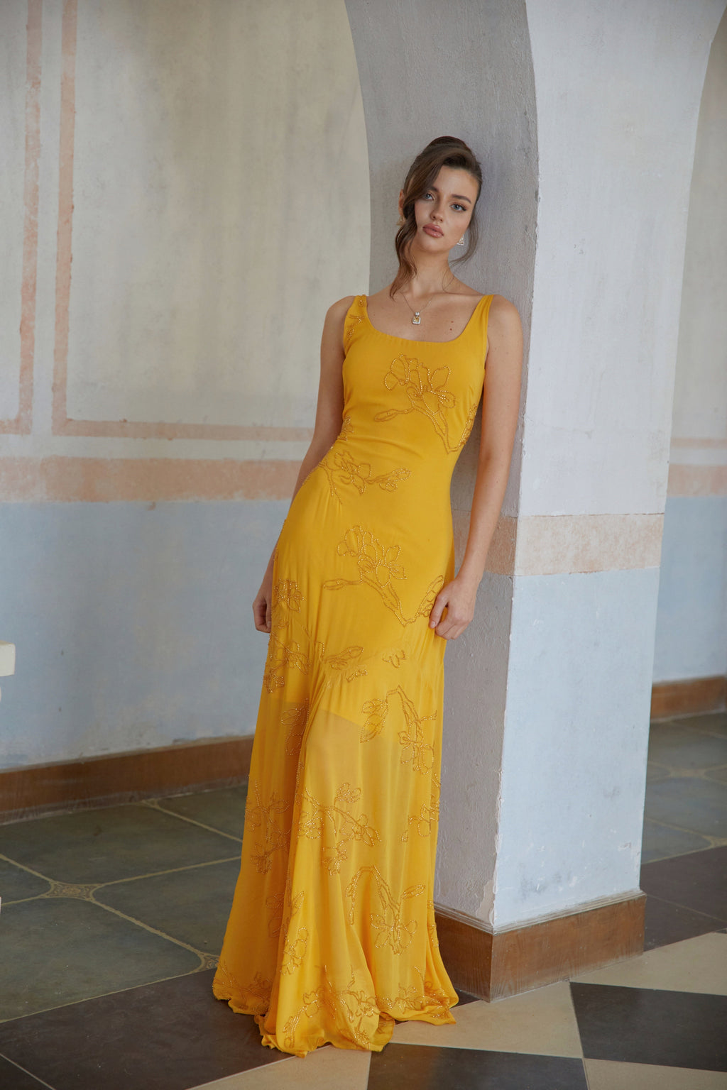 Ellie Yellow Rhinestone Floral Jacquard Maxi Dress