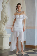 Brândușa White Bowknot Ruched Chiffon Midi Dress