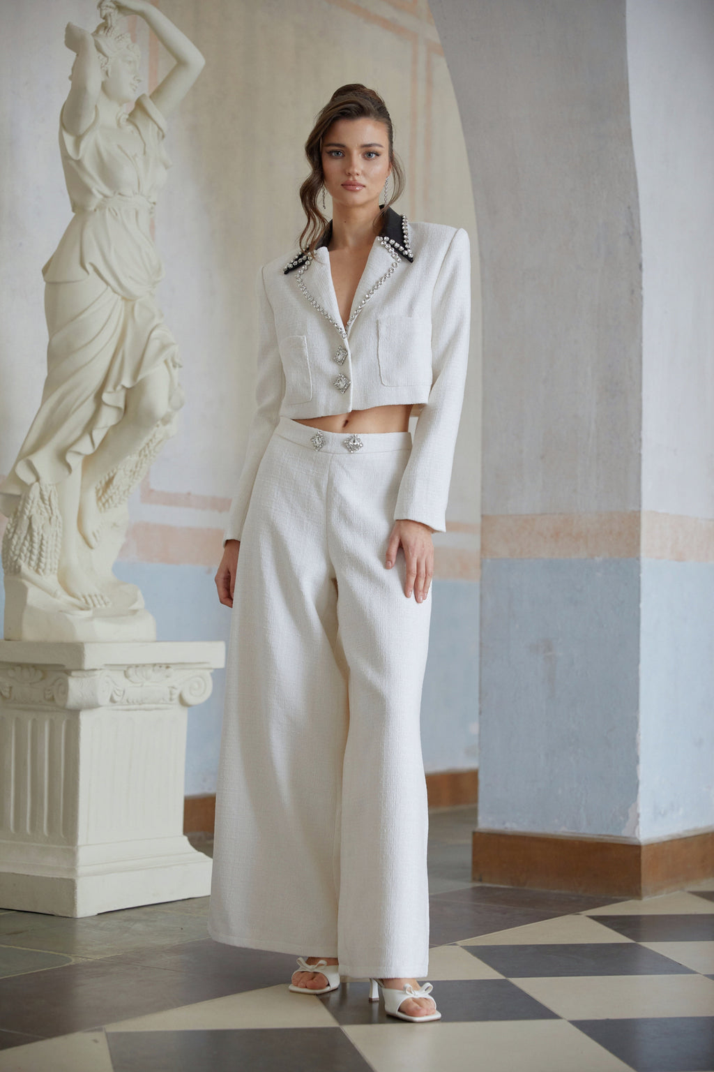 Tindra White Embellished Tweed Jacket & Trousers Set