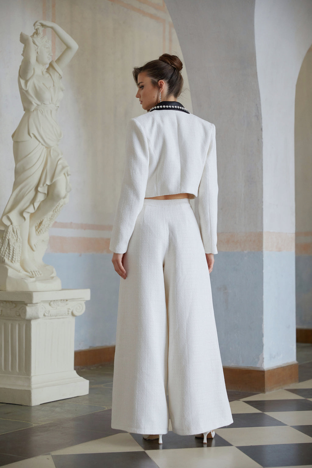 Tindra White Embellished Tweed Jacket & Trousers Set
