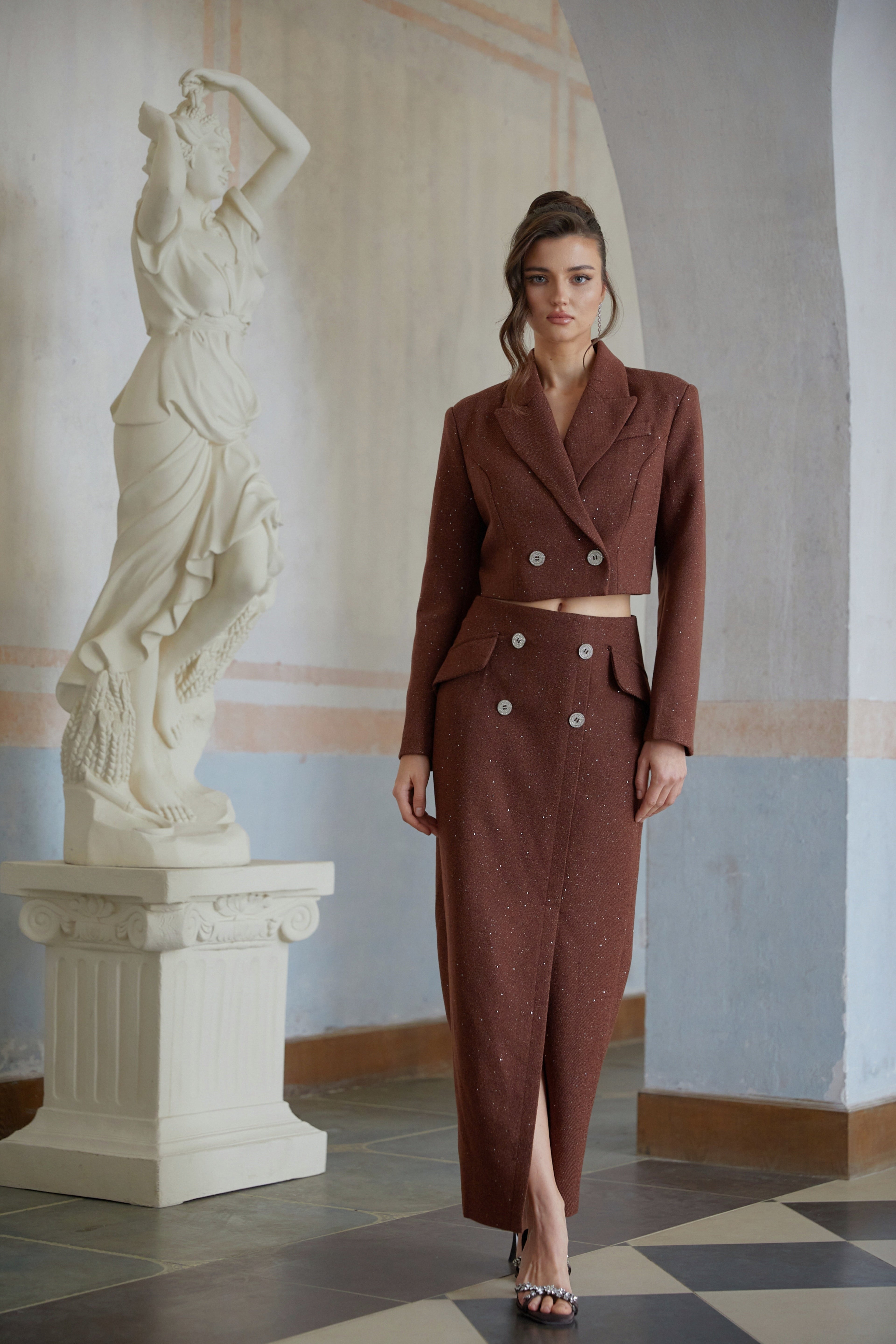 Emilía Brown Sequined Double-Breasted Jacket & Skirt Set