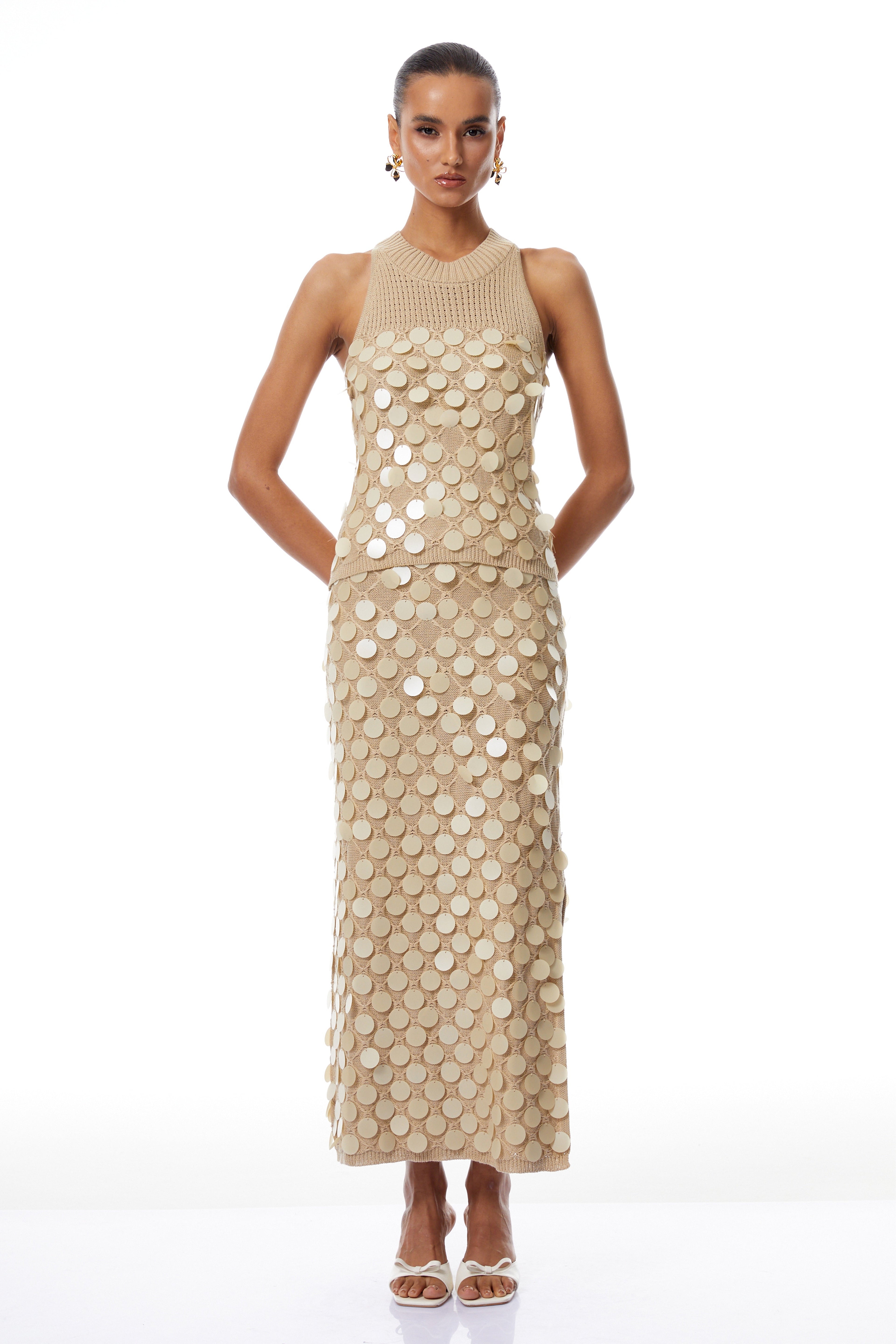 Vincenza Neutral Sequin Chain Disc Knit Matching Set