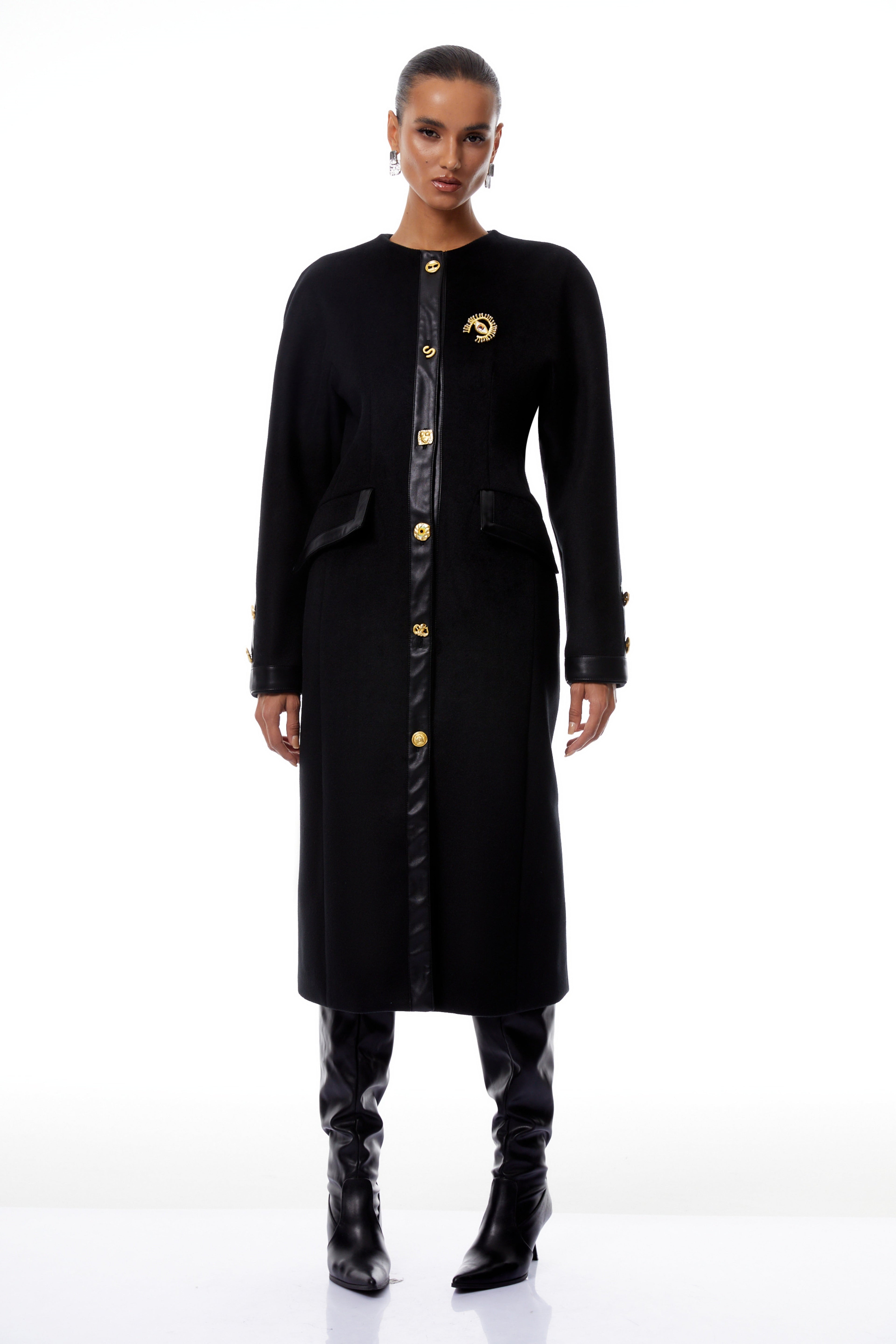 Stefania Black Decorative Button Tweed Overcoat