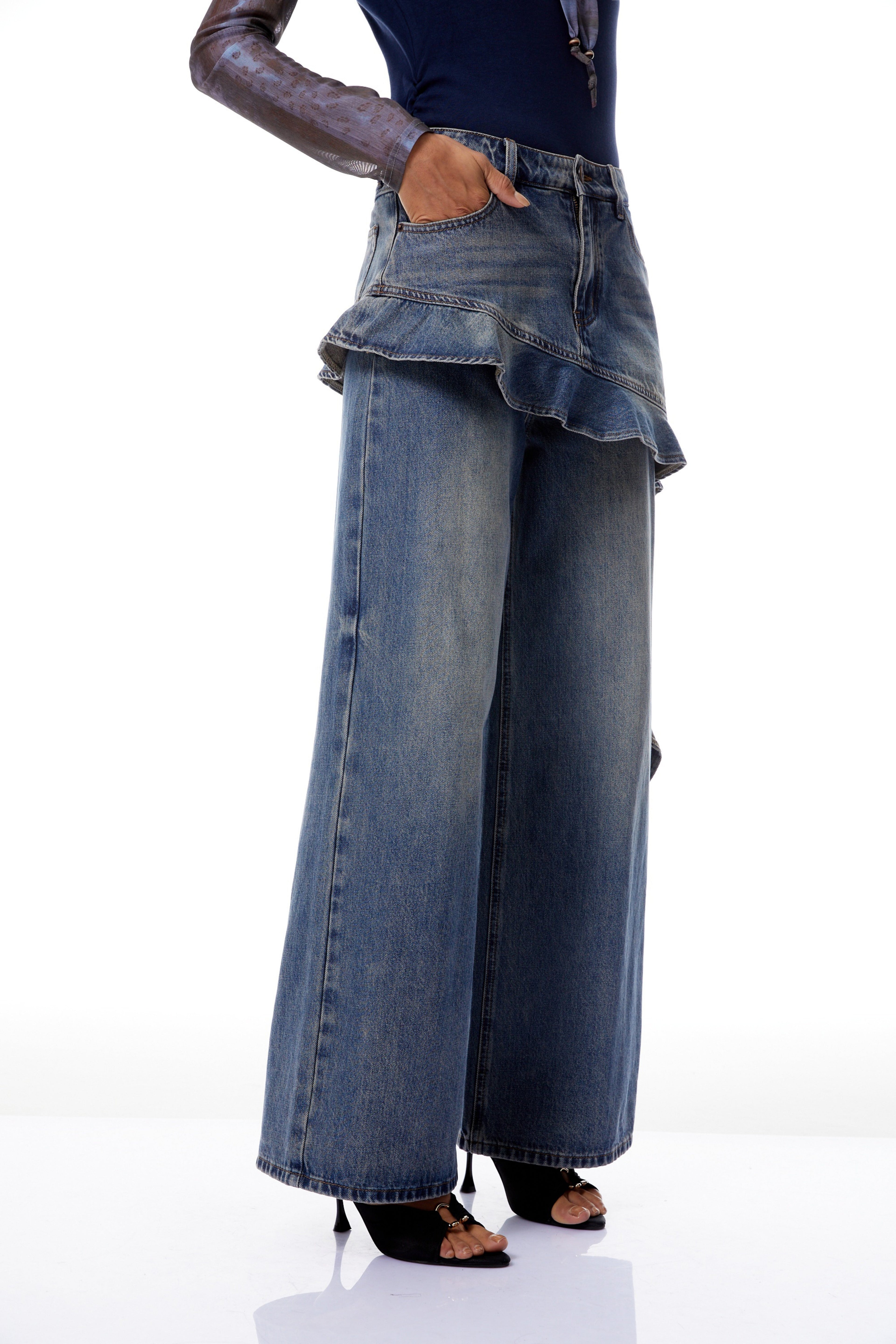 Zsófia Blue Ruffled Ribbon Detail Denim Jeans