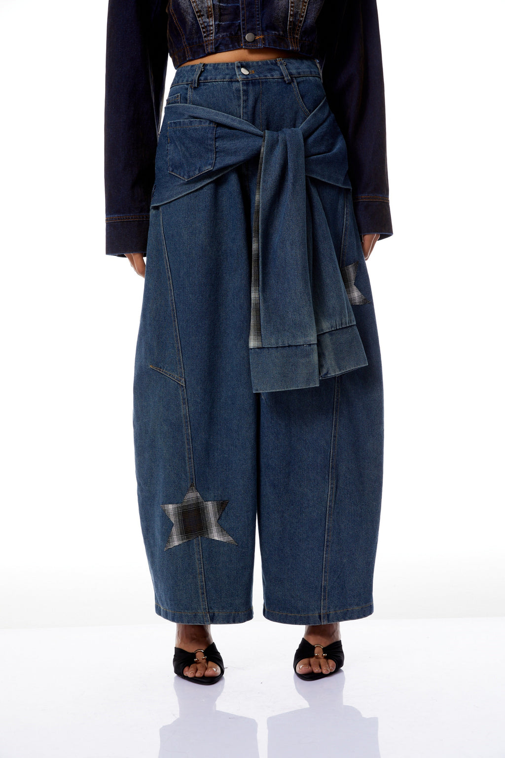 Justine Blue Checked Patchwork Baggy Jeans