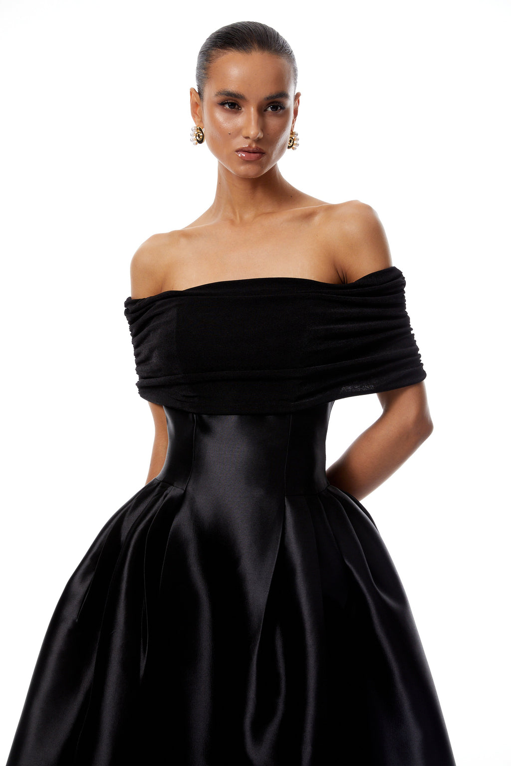 Ainara Black Off Shoulder Polished Midi Dress
