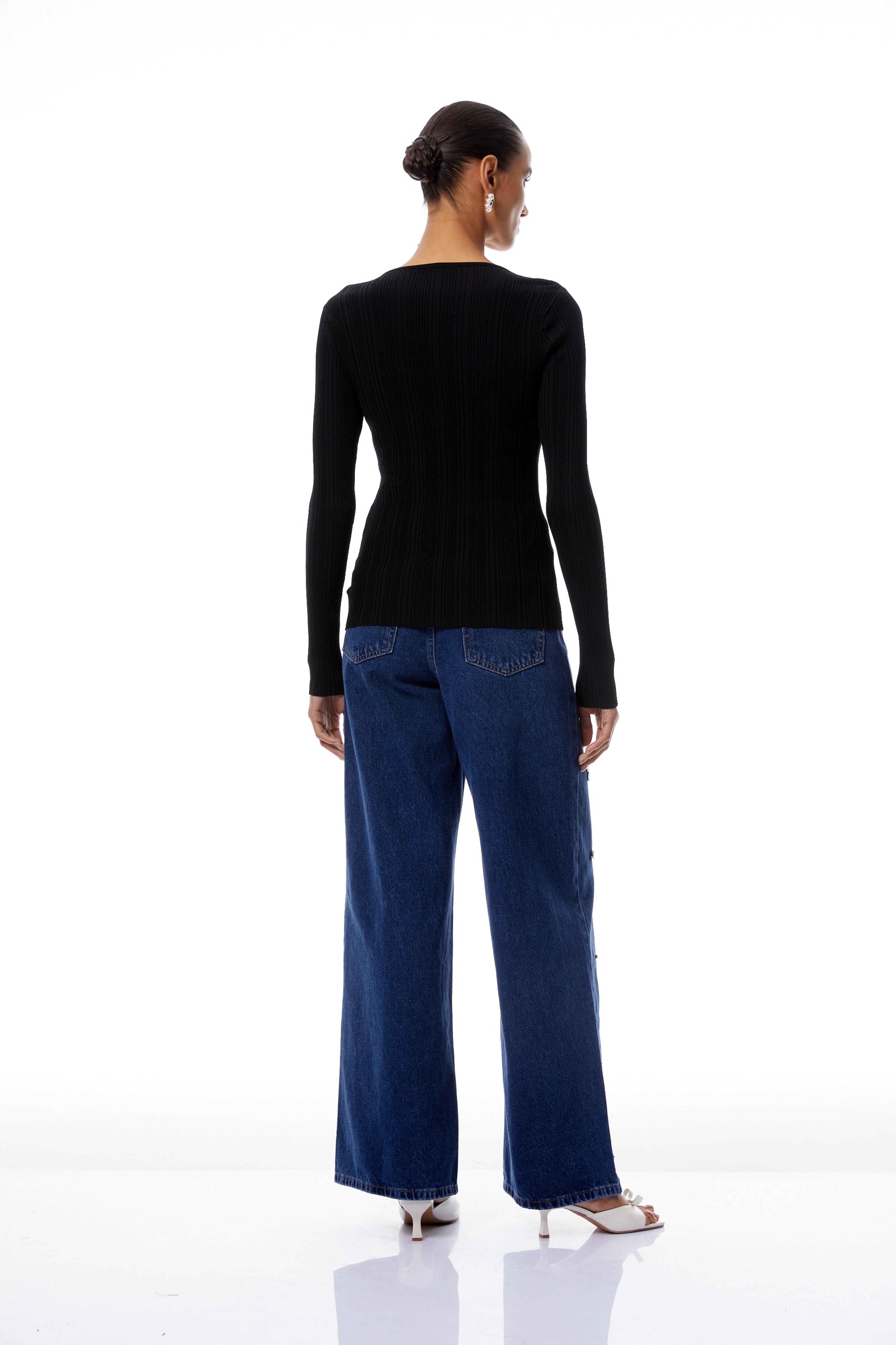Veronika Black Lace Panel Ribbed Knit Blouse