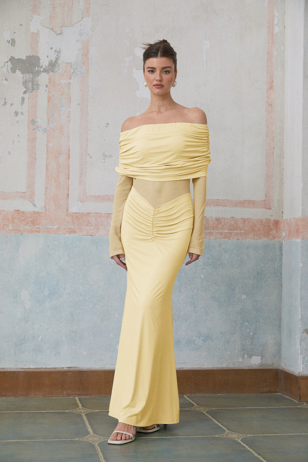 Ninon Yellow Off Shoulder Ruched Maxi Dress