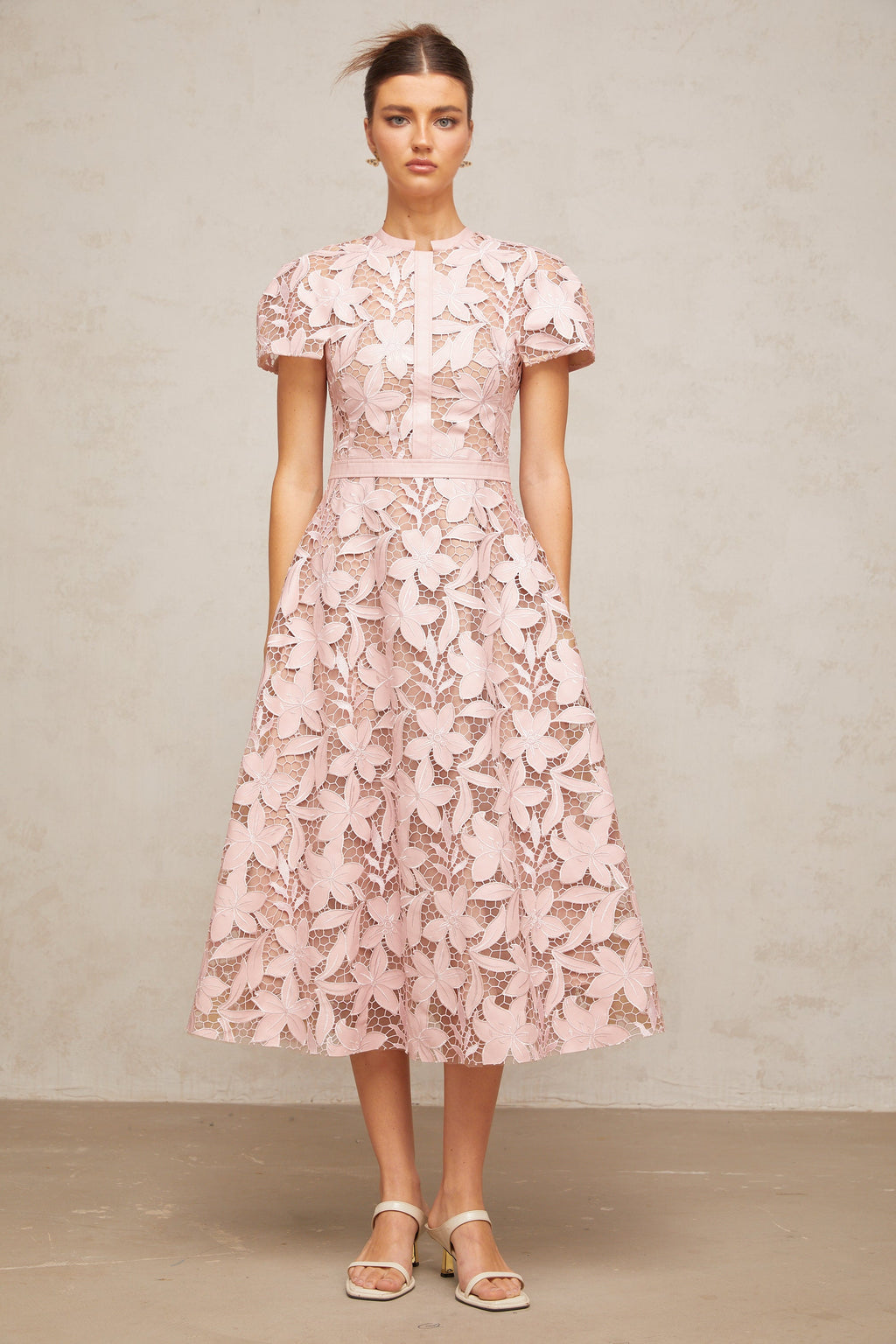 Vérane pink guipure-lace midi dress