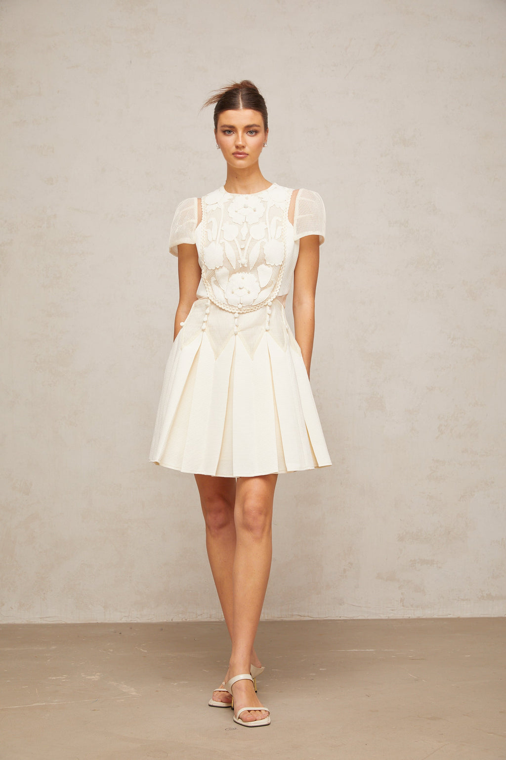 Maelle white flower-embroidered mini dress