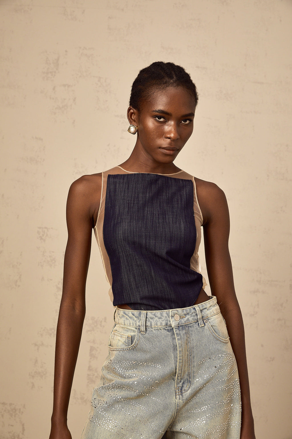 Sandrine blue denim semi-sheer bodysuit