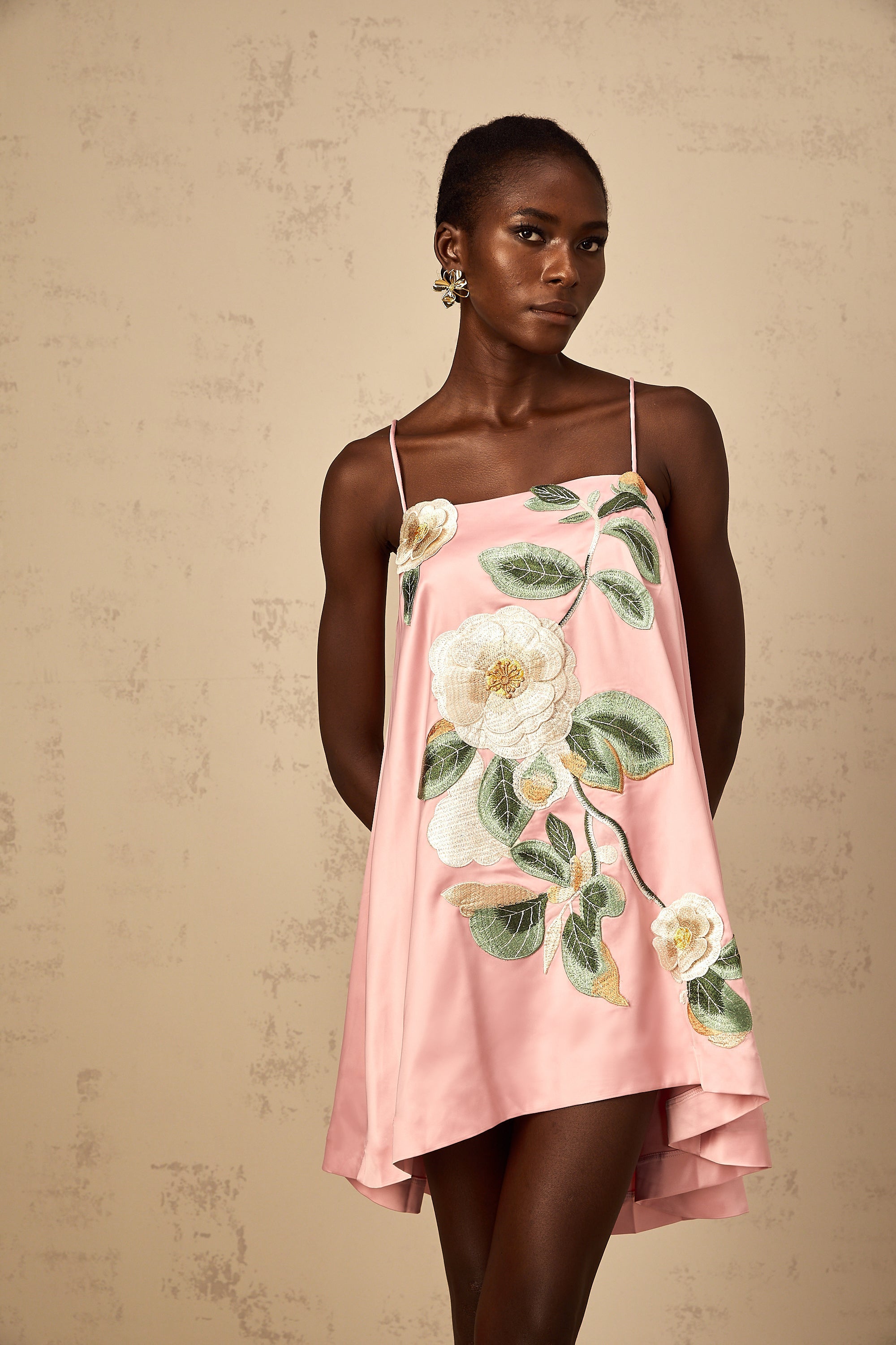 Avril Pink Floral Embroidered Satin Mini Dress