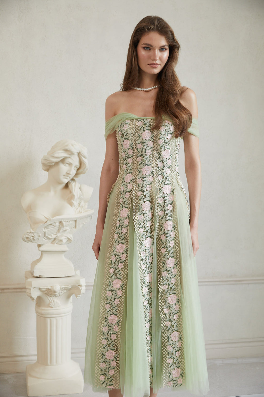 Eleni Green Tulle Panel Floral Midi Dress