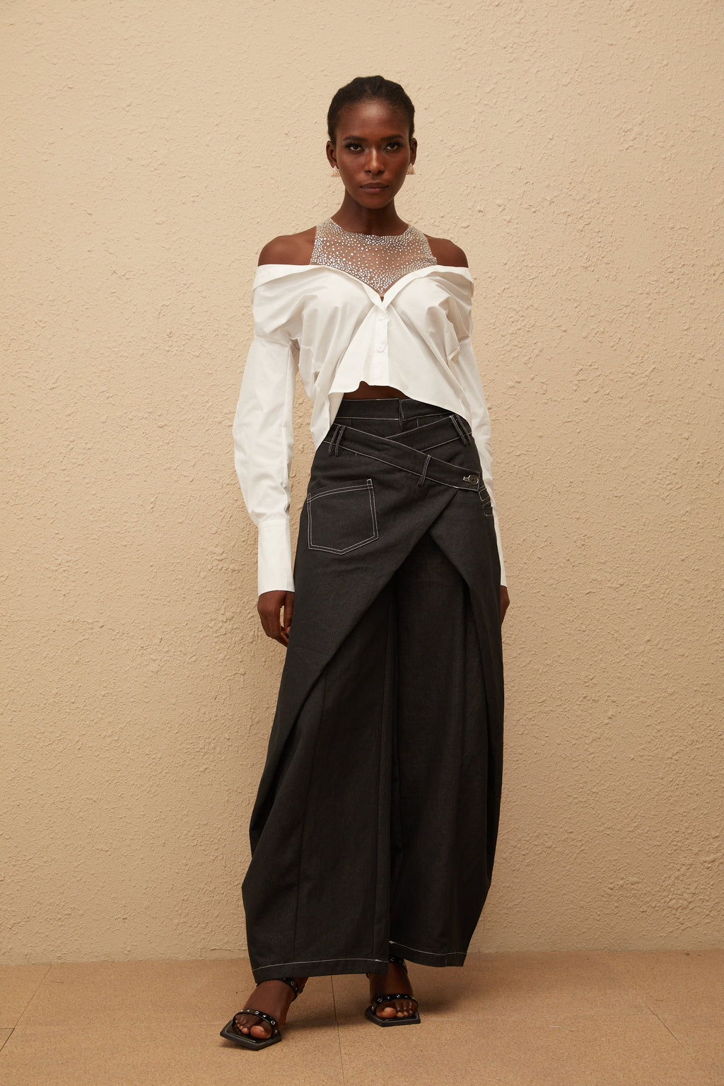 Fernande White Rhinestone Mesh Panel Shirt