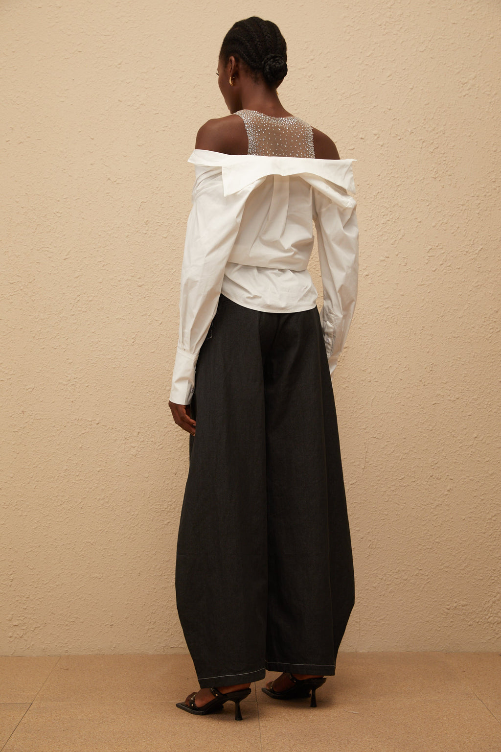 Fernande White Rhinestone Mesh Panel Shirt