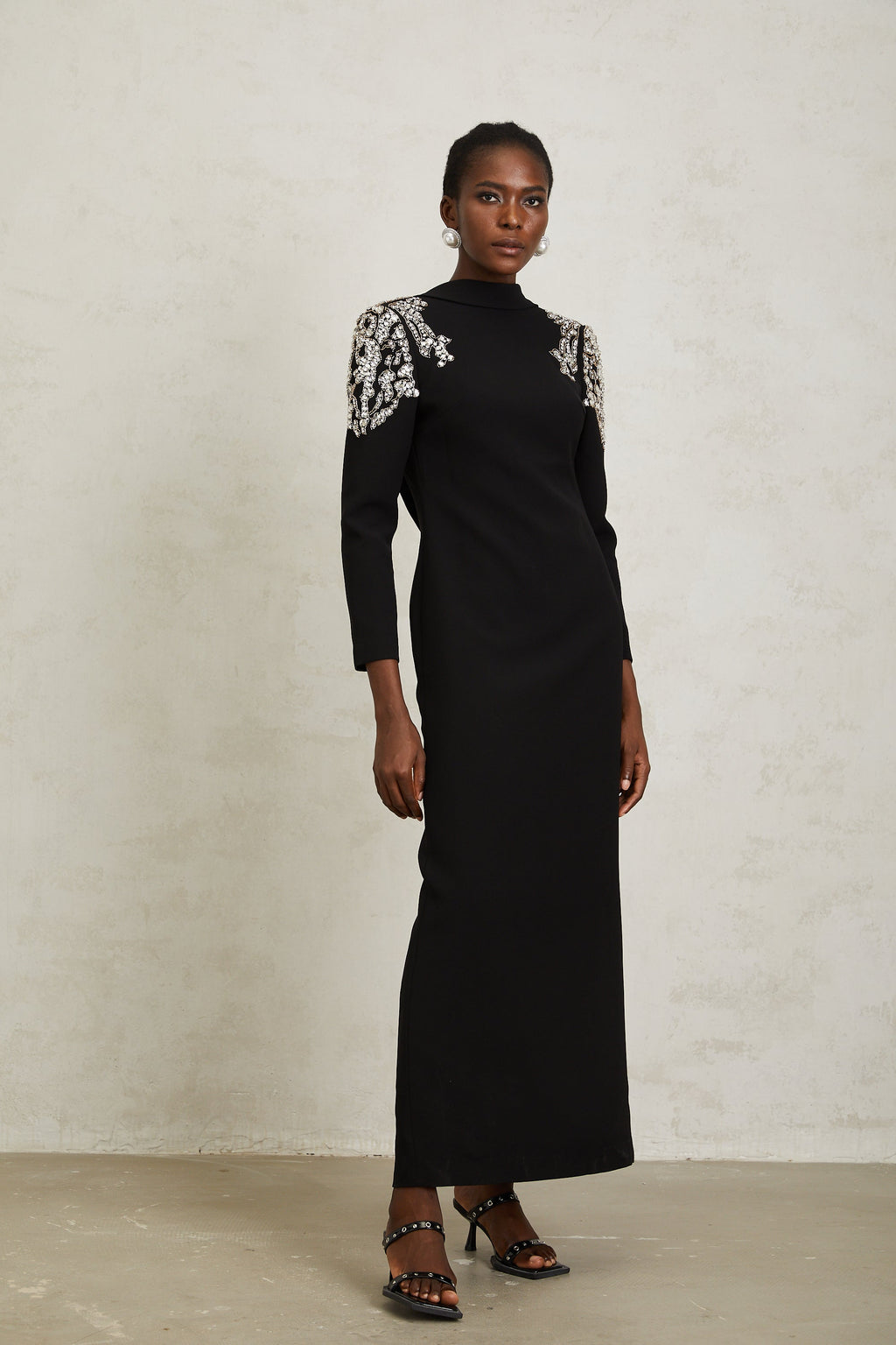 Lidia Black Open Back Embellished Maxi Dress