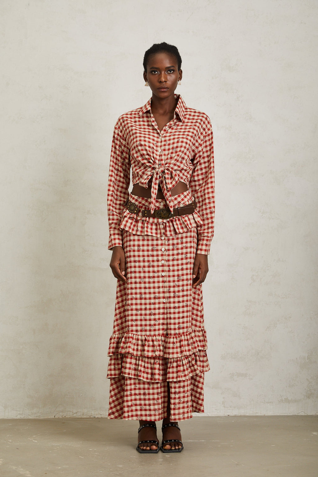 Céline Red Rose Print Plaid Shirt & Skirt Set