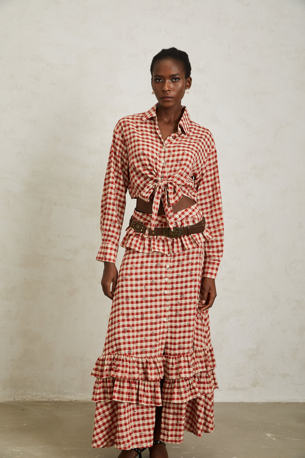 Céline Red Rose Print Plaid Shirt & Skirt Set