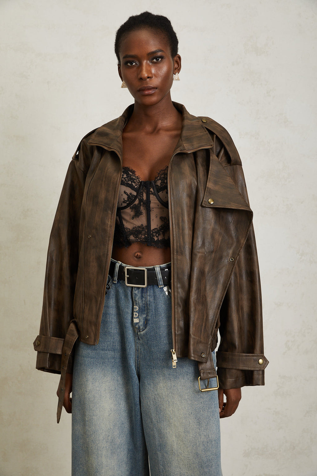 Manon Brown Tie-Dye Leather Biker Jacket