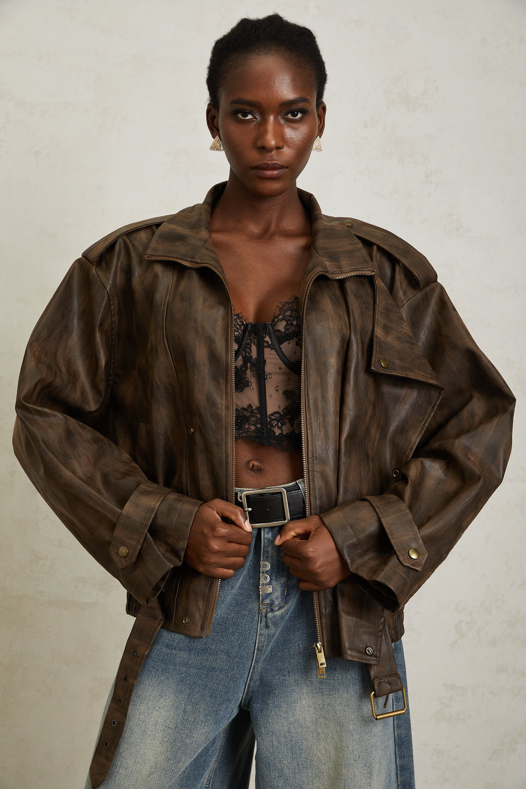 Manon Brown Tie-Dye Leather Biker Jacket