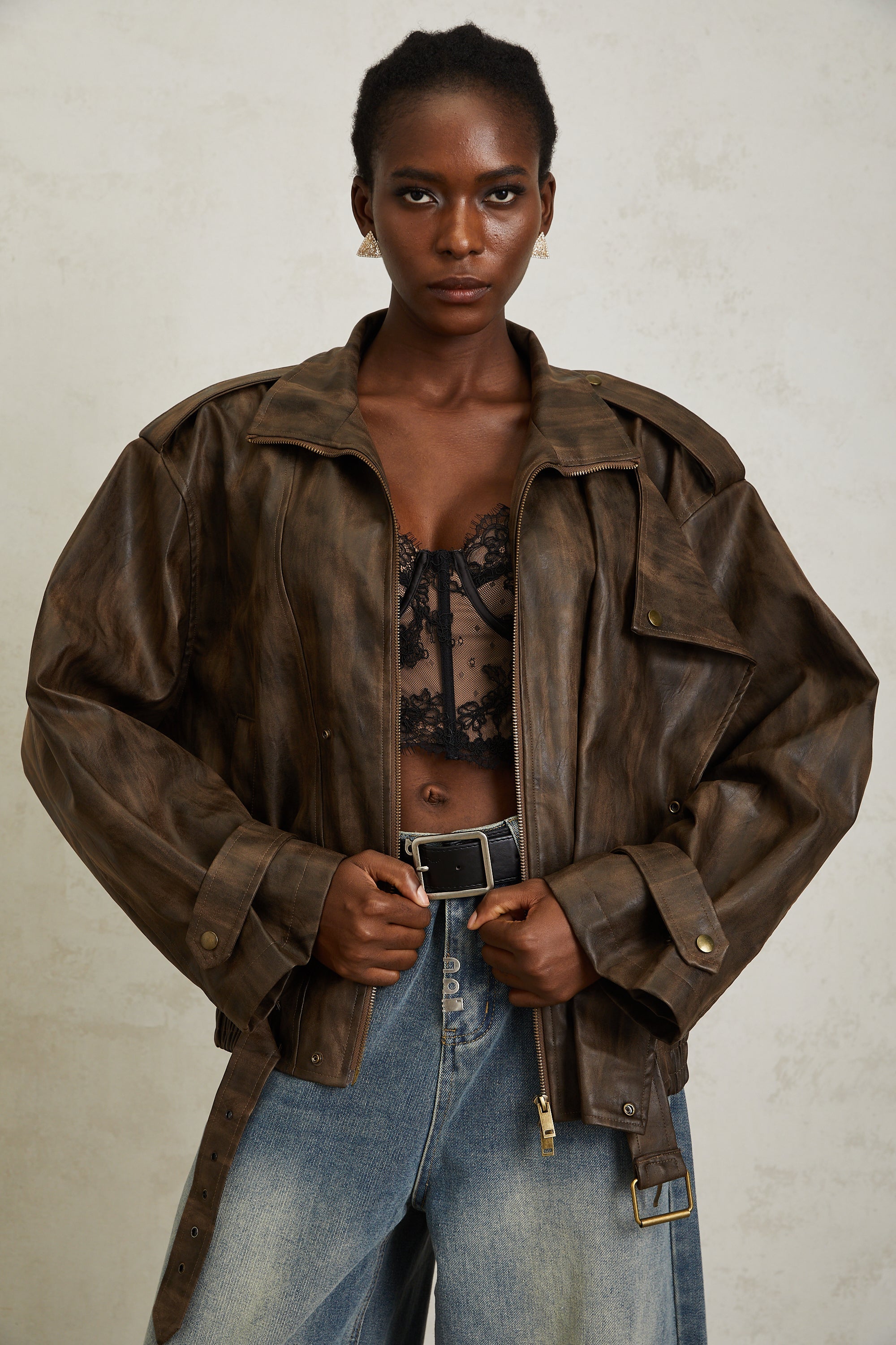 Manon Brown Tie-Dye Leather Biker Jacket