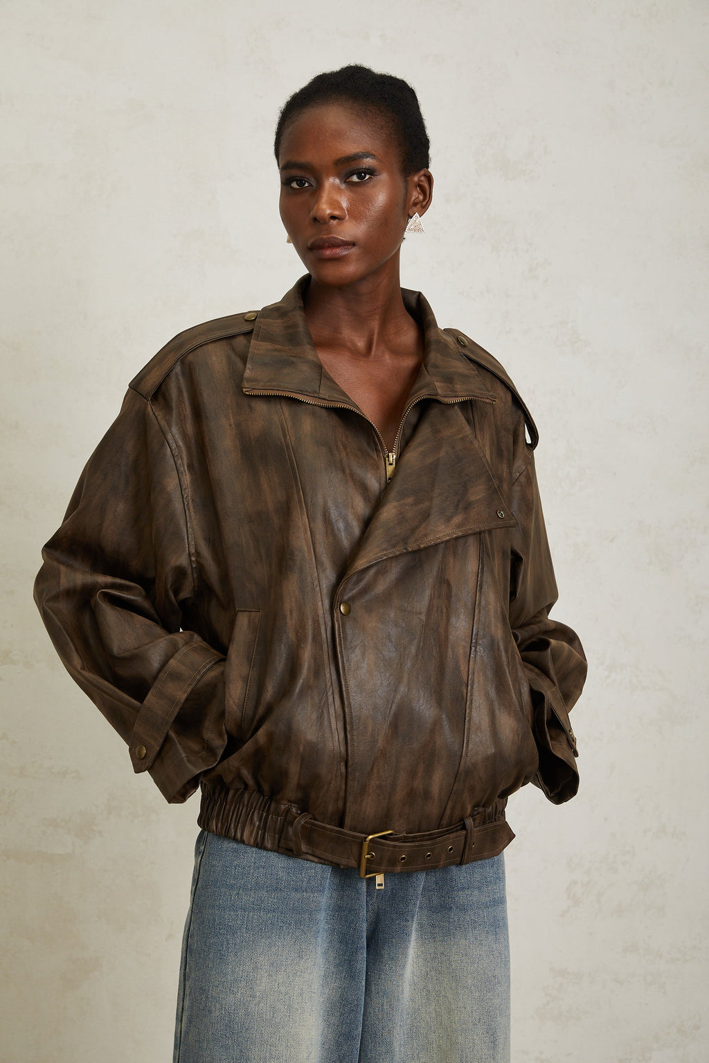 Manon Brown Tie-Dye Leather Biker Jacket