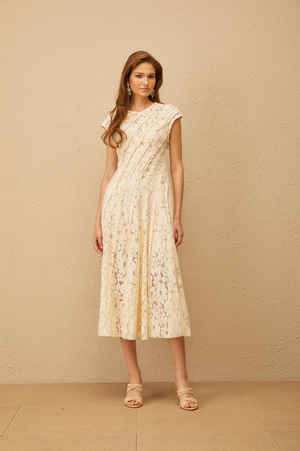 Adèle Neutral Floral Lace Midi Dress