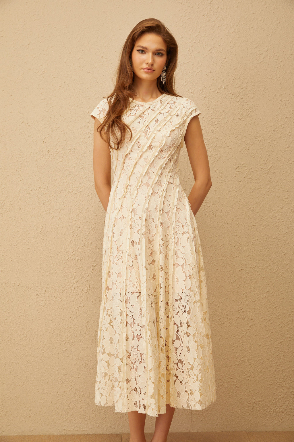 Adèle Neutral Floral Lace Midi Dress