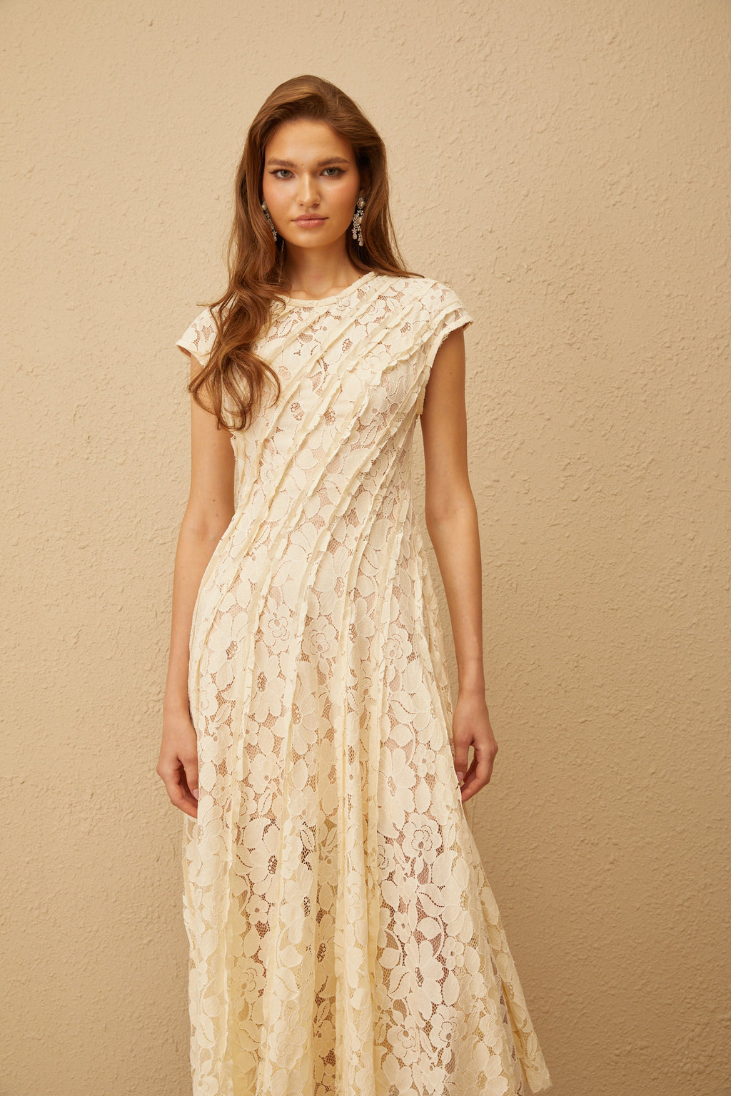 Adèle Neutral Floral Lace Midi Dress