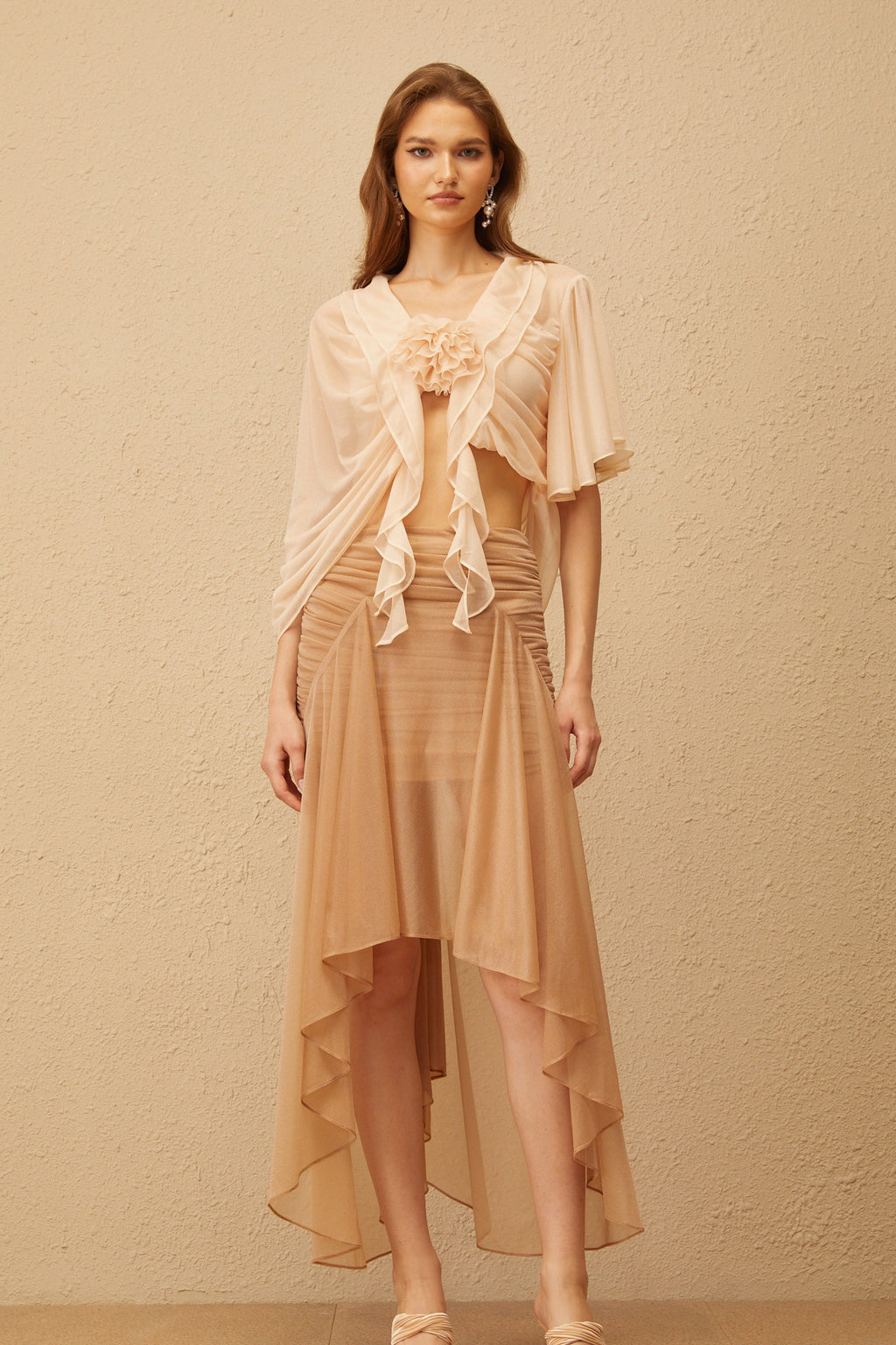 Zélie Neutral Ruched Ruffled Hem Midi Skirt