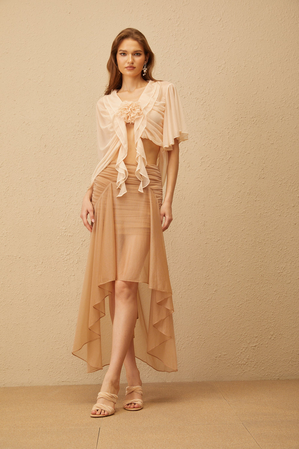 Zélie Neutral Ruched Ruffled Hem Midi Skirt