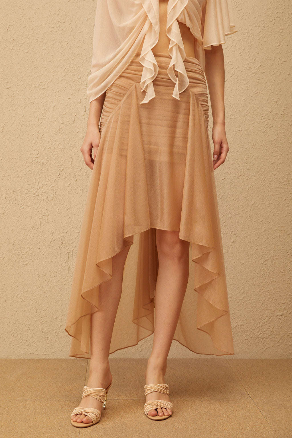 Zélie Neutral Ruched Ruffled Hem Midi Skirt