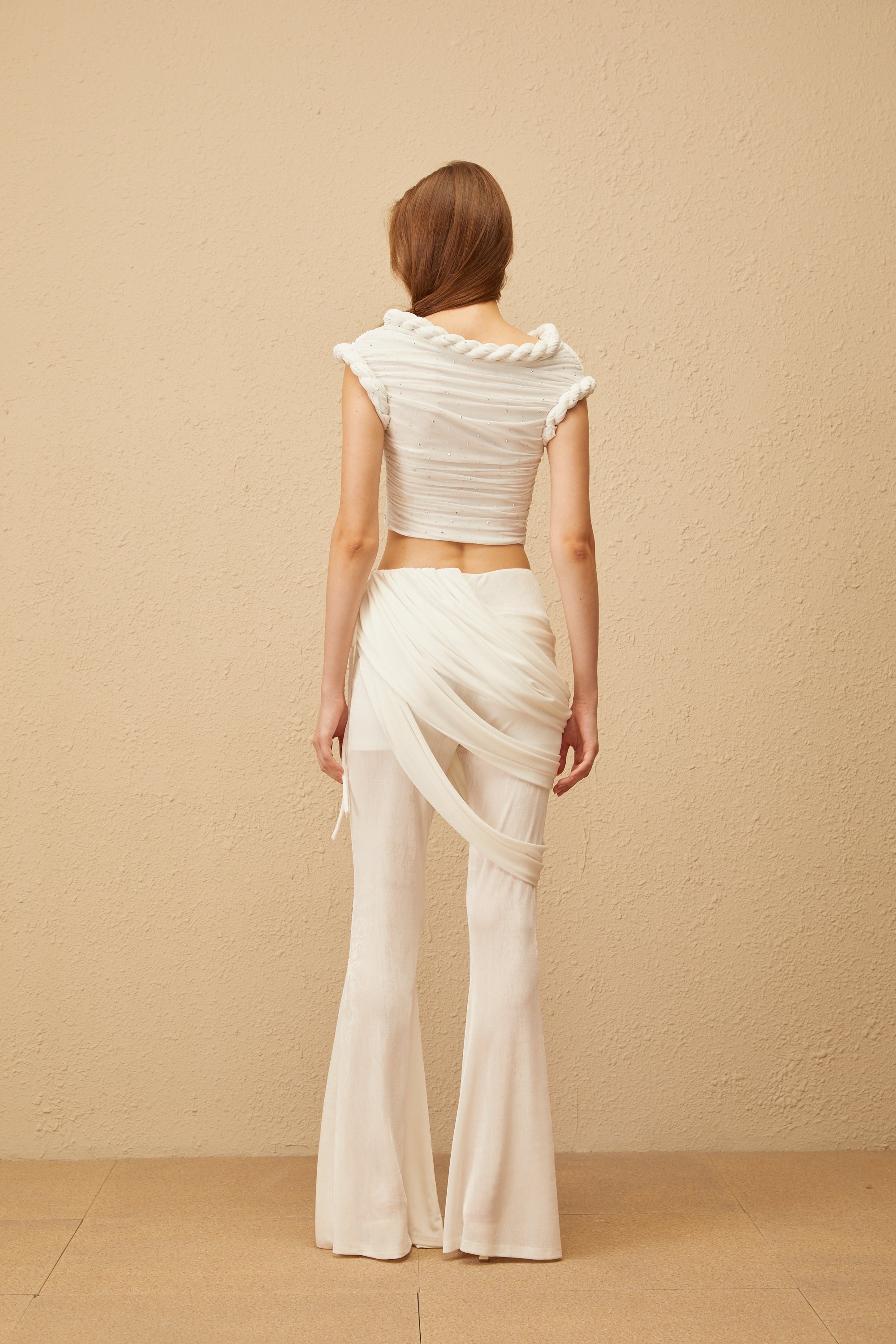 Lisette White Rhinestone Braided Ruched Top