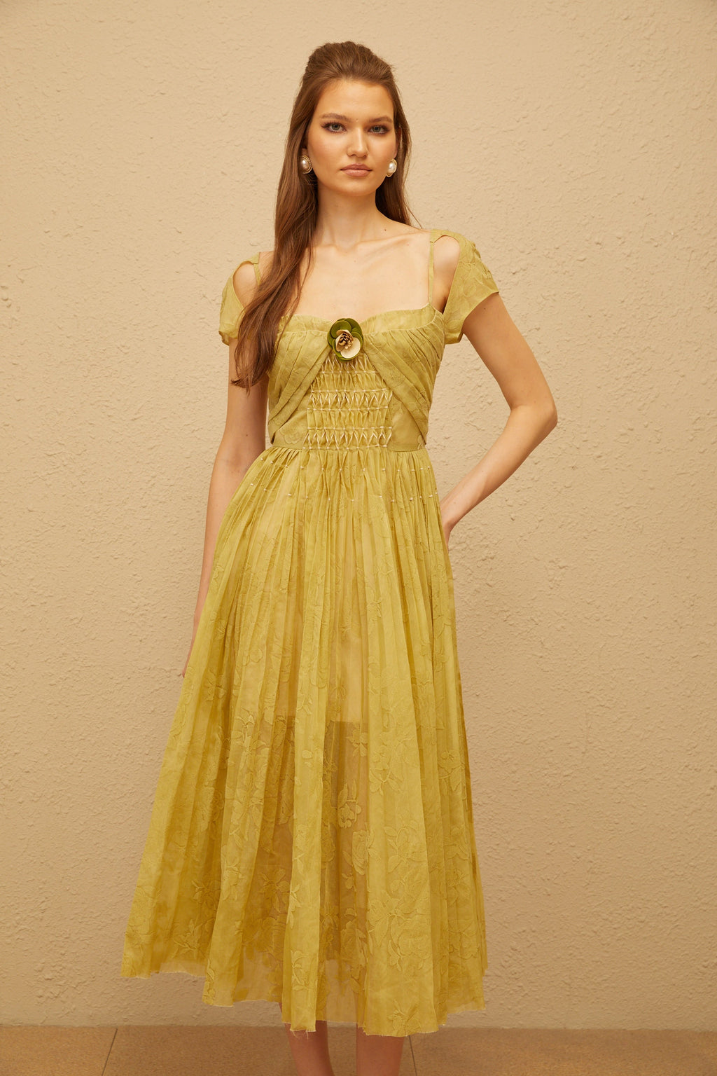 Béryl Green Floral Jacquard Midi Dress