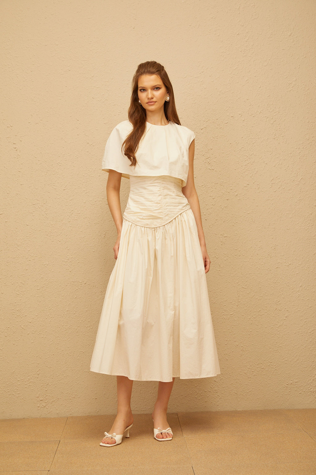 Boglárka Cream White Asymmetrical Ruched Midi Dress