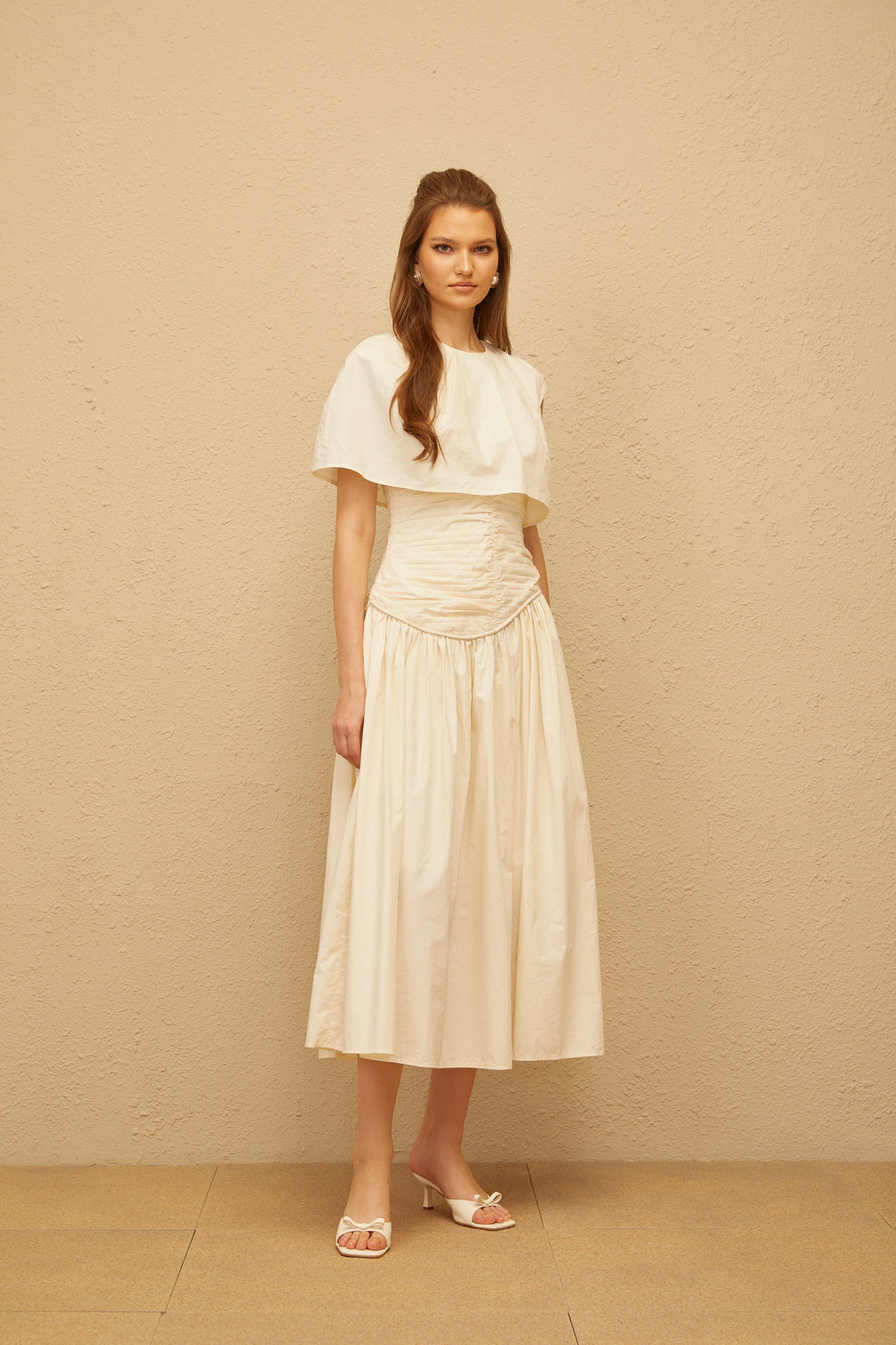 Boglárka Cream White Asymmetrical Ruched Midi Dress