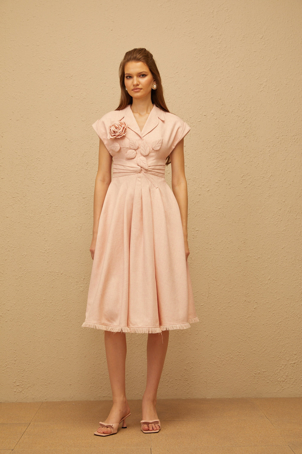 Bernadett Pink 3D Petal Pleated Midi Dress