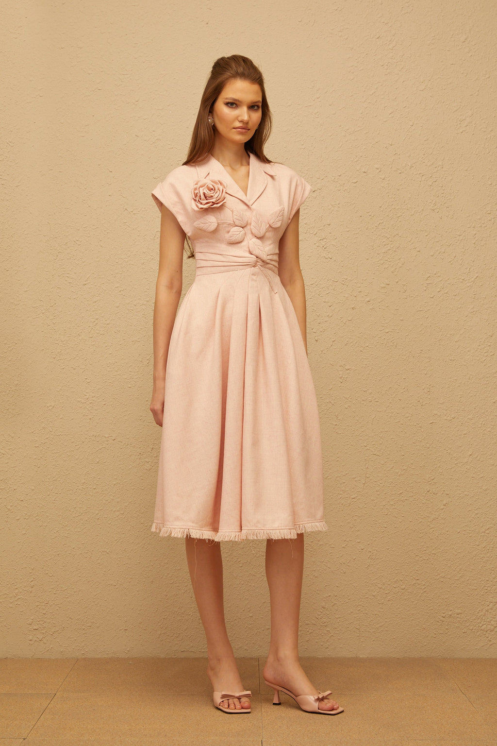 Bernadett Pink 3D Petal Pleated Midi Dress