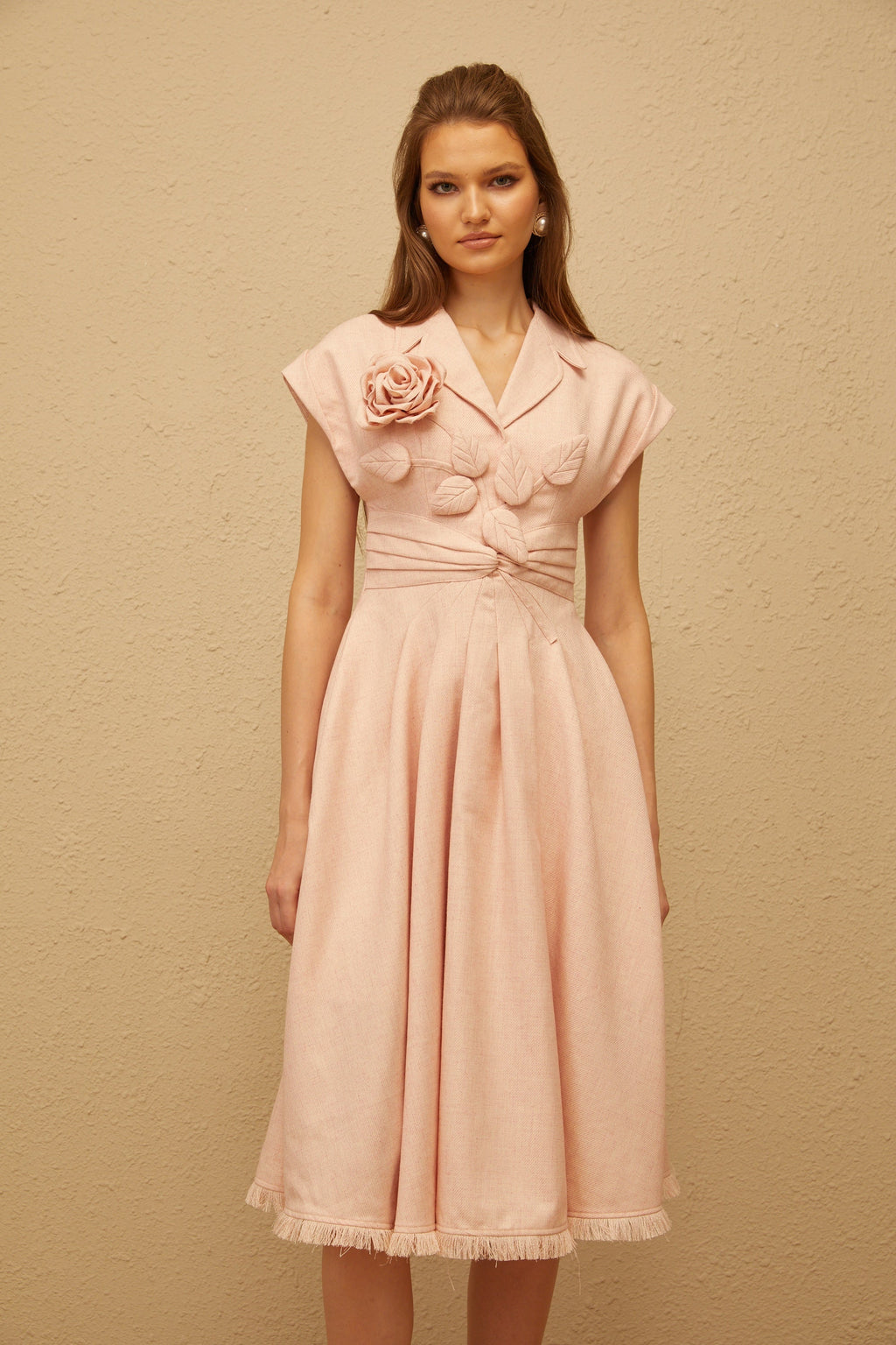 Bernadett Pink 3D Petal Pleated Midi Dress