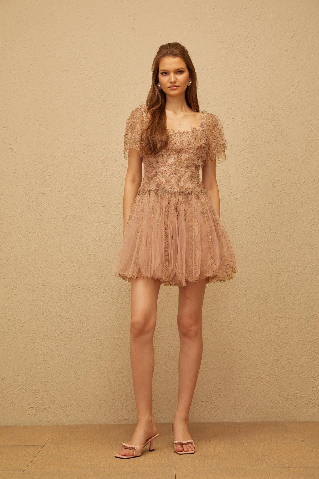 Gaëtane Brown Tulle Panel Lace Mini Dress