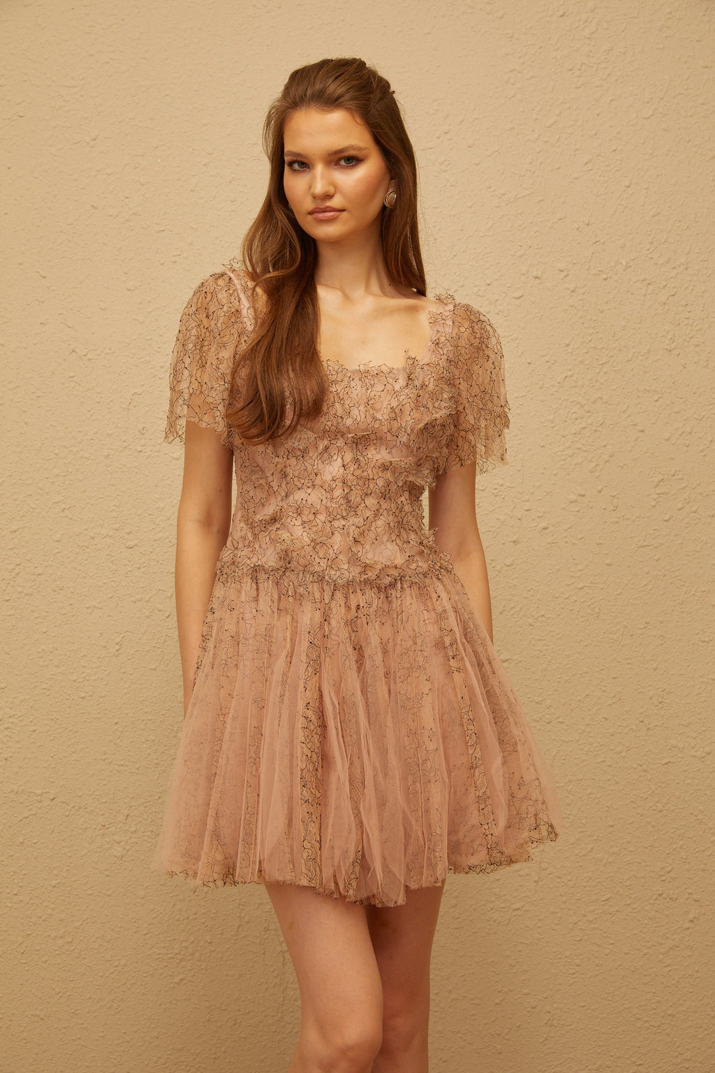 Gaëtane Brown Tulle Panel Lace Mini Dress