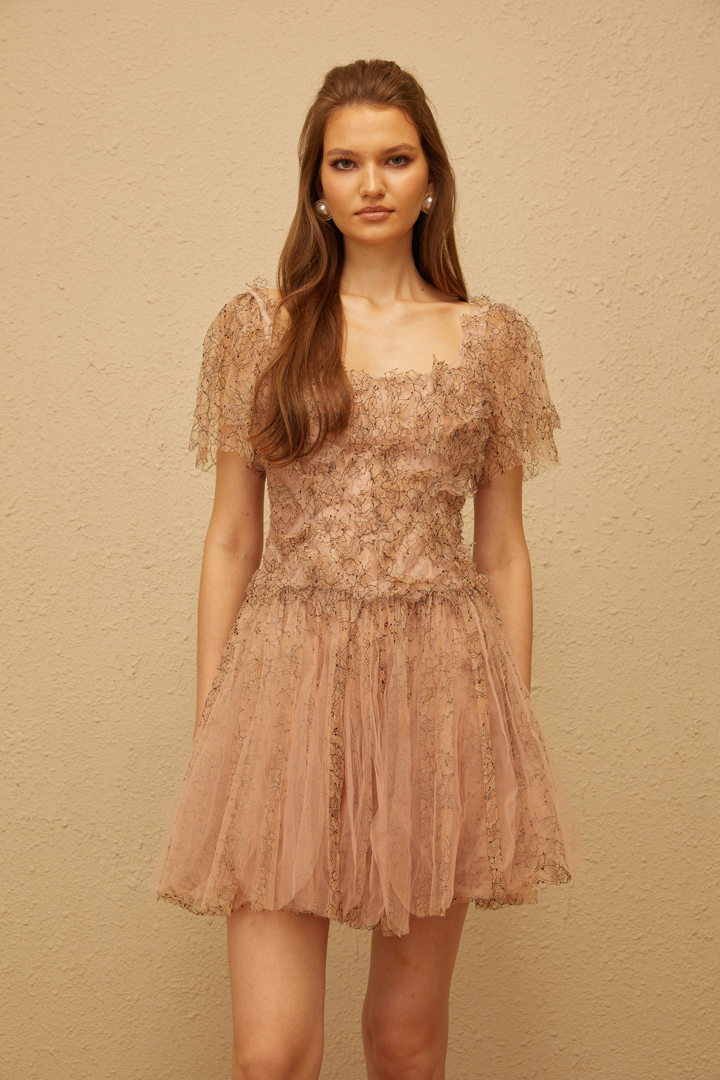 Gaëtane Brown Tulle Panel Lace Mini Dress